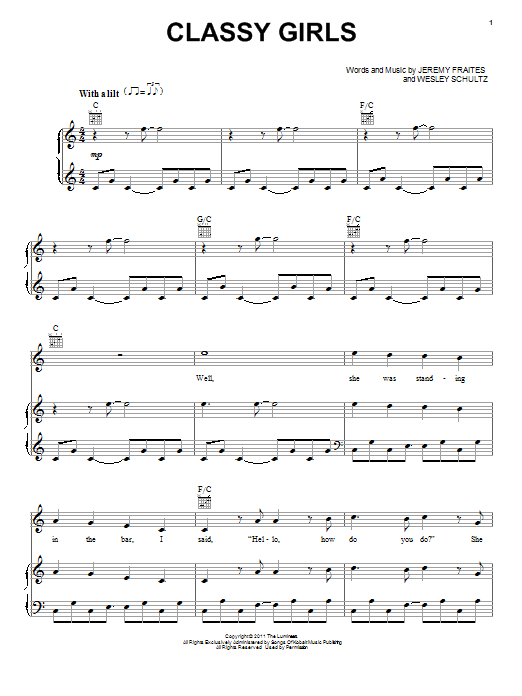 The Lumineers Classy Girls Sheet Music Notes & Chords for Piano, Vocal & Guitar (Right-Hand Melody) - Download or Print PDF