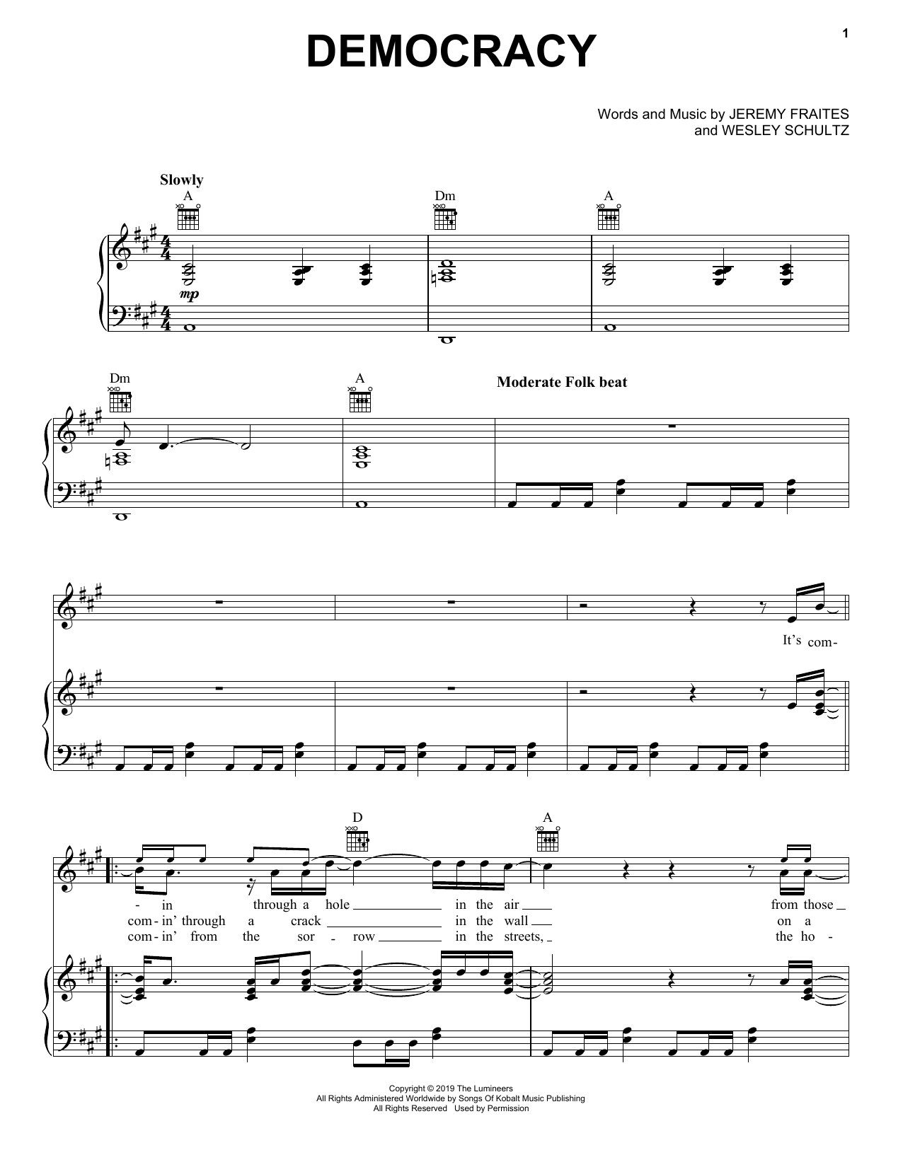 The Lumineers Democracy Sheet Music Notes & Chords for Piano, Vocal & Guitar (Right-Hand Melody) - Download or Print PDF