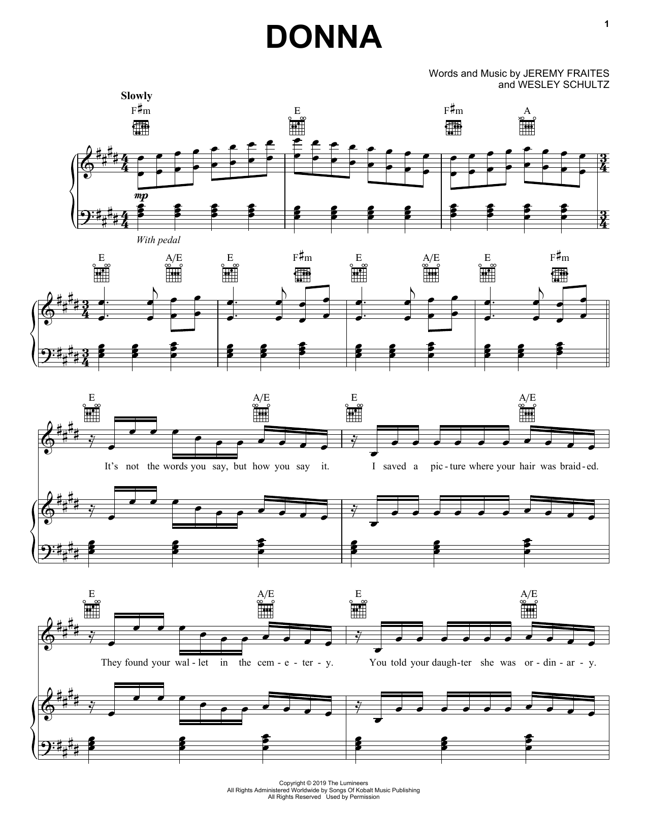 The Lumineers Donna Sheet Music Notes & Chords for Piano, Vocal & Guitar (Right-Hand Melody) - Download or Print PDF