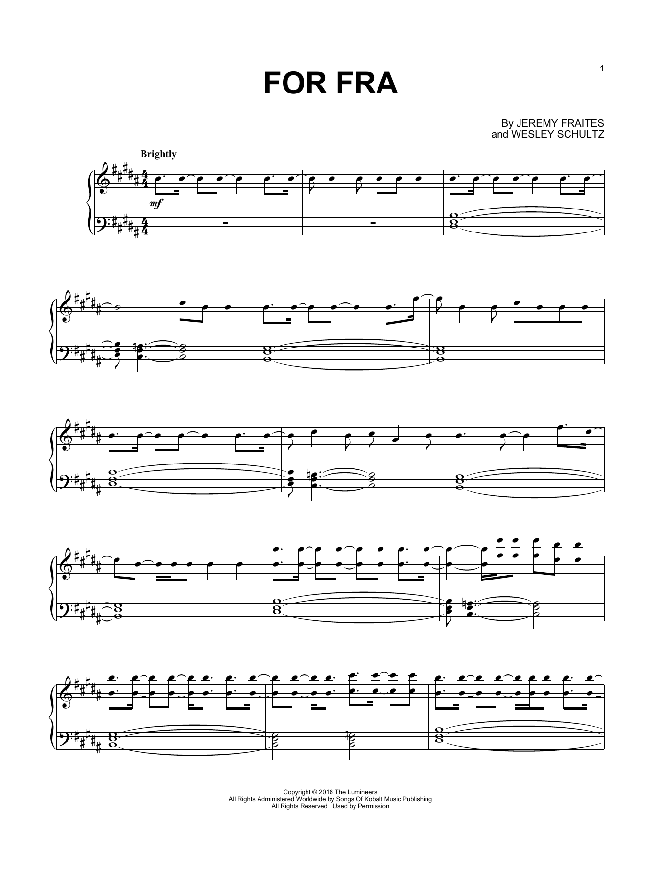 The Lumineers For Fra Sheet Music Notes & Chords for Piano - Download or Print PDF
