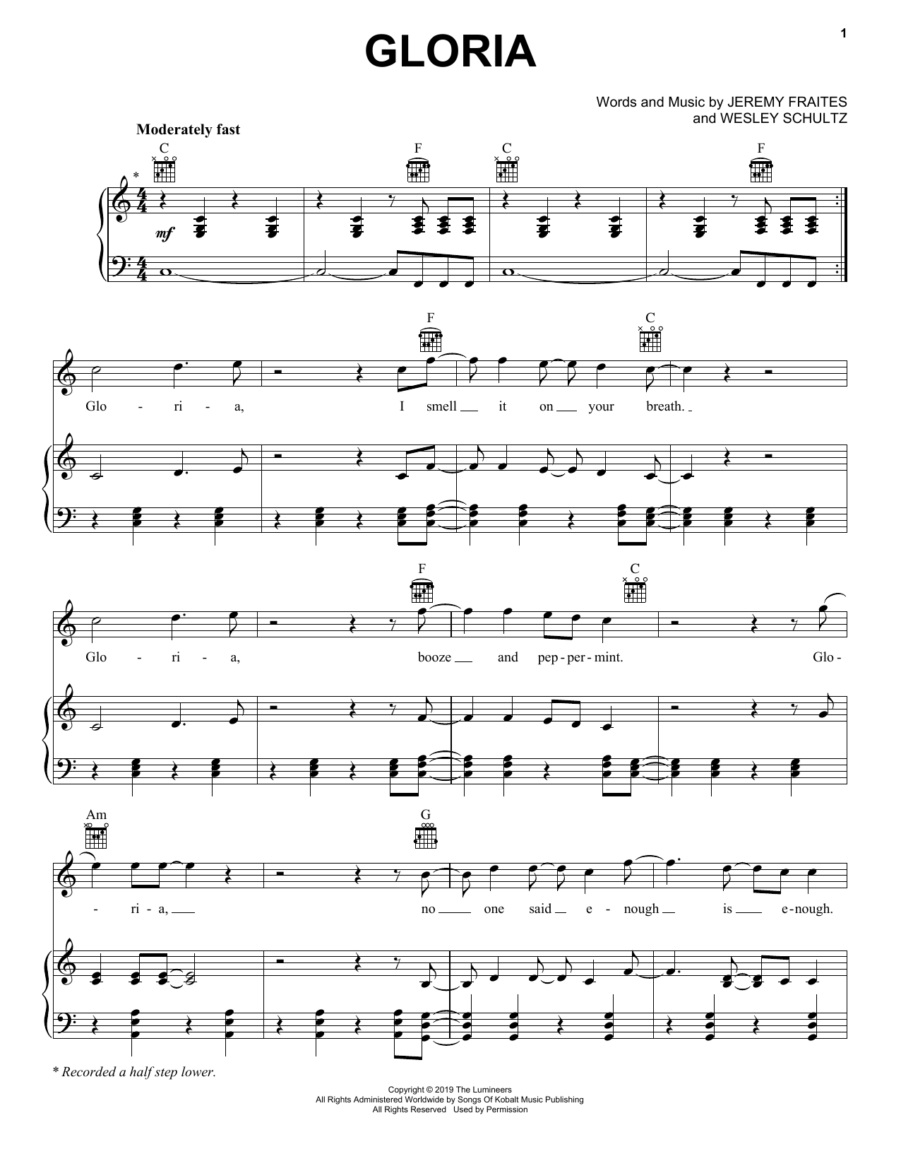 The Lumineers Gloria Sheet Music Notes & Chords for Guitar Chords/Lyrics - Download or Print PDF