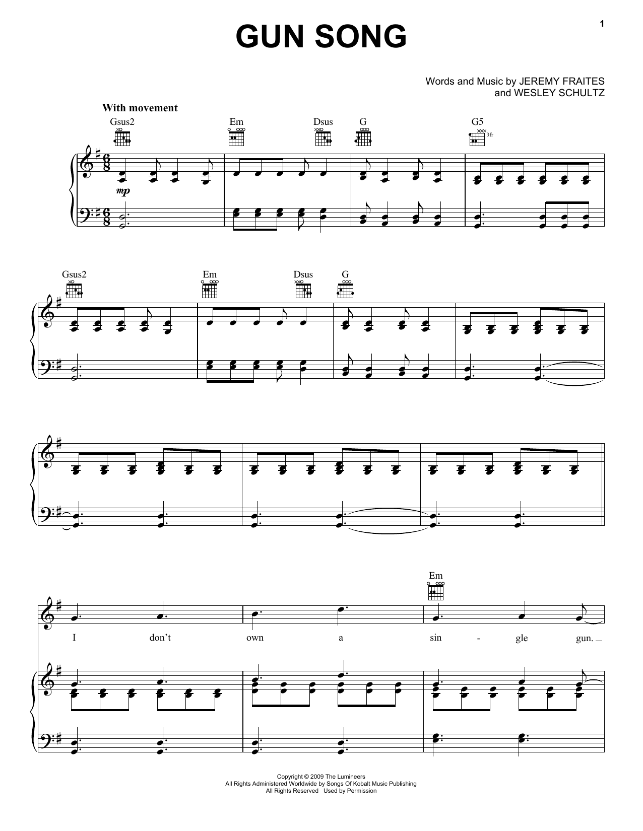 The Lumineers Gun Song Sheet Music Notes & Chords for Piano, Vocal & Guitar (Right-Hand Melody) - Download or Print PDF