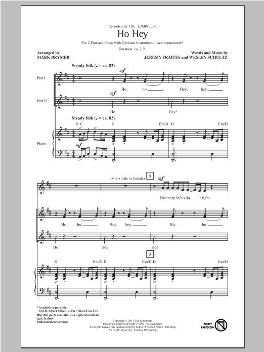 The Lumineers Ho Hey (arr. Mark Brymer) Sheet Music Notes & Chords for 2-Part Choir - Download or Print PDF