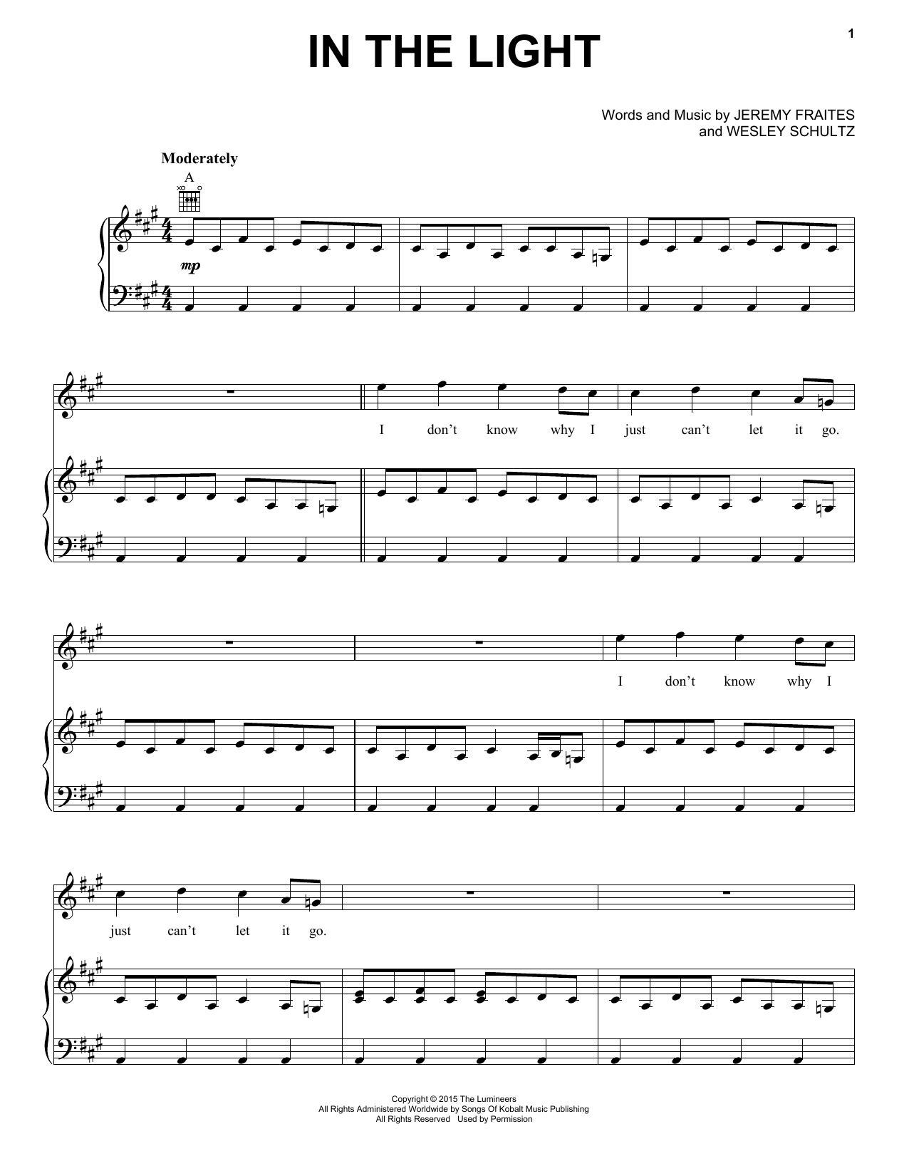 The Lumineers In The Light Sheet Music Notes & Chords for Piano, Vocal & Guitar (Right-Hand Melody) - Download or Print PDF