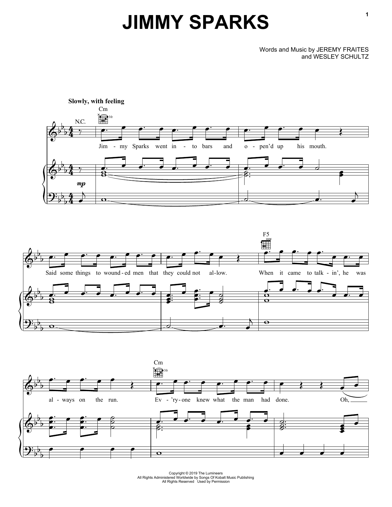 The Lumineers Jimmy Sparks Sheet Music Notes & Chords for Piano, Vocal & Guitar (Right-Hand Melody) - Download or Print PDF