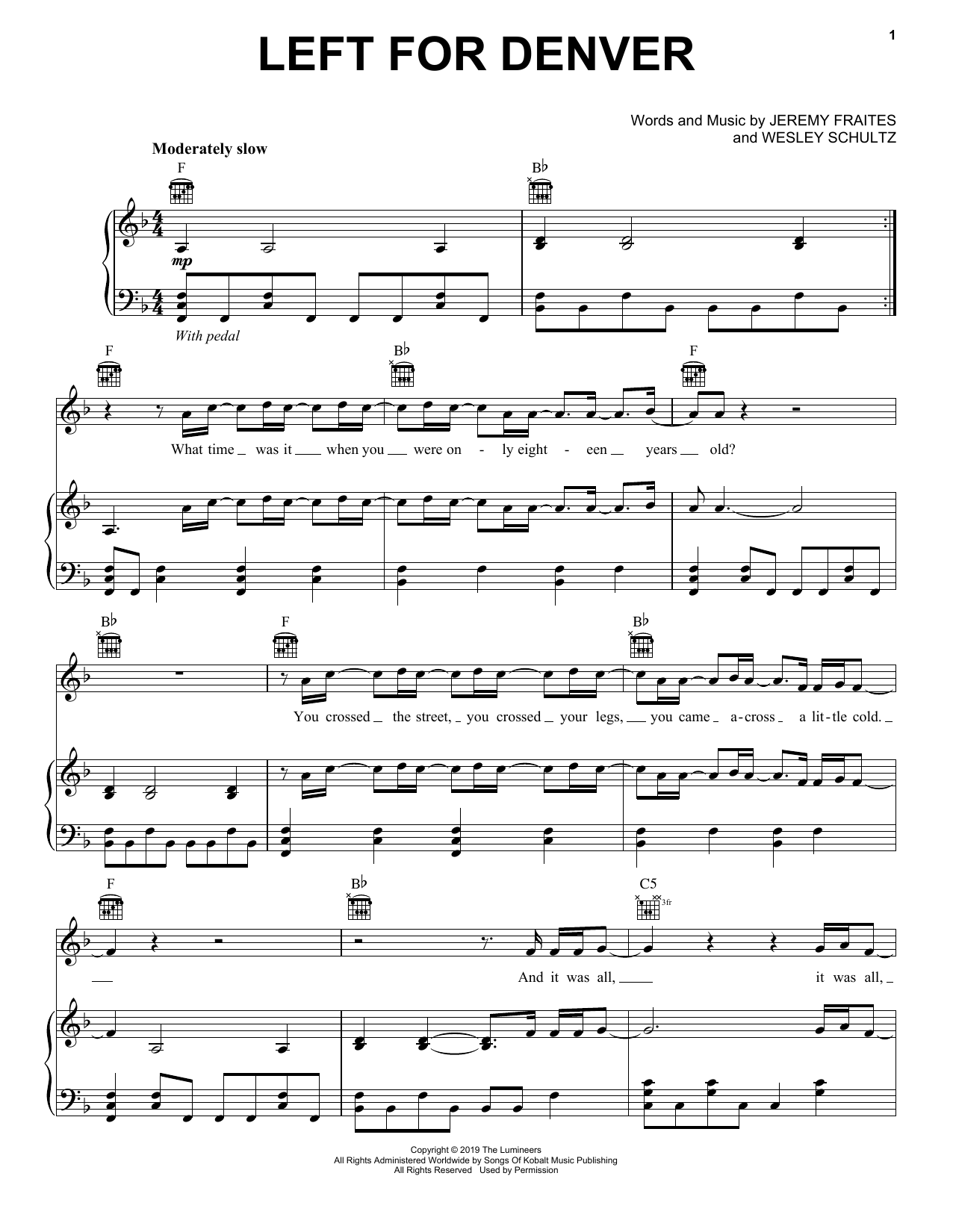 The Lumineers Left For Denver Sheet Music Notes & Chords for Piano, Vocal & Guitar (Right-Hand Melody) - Download or Print PDF