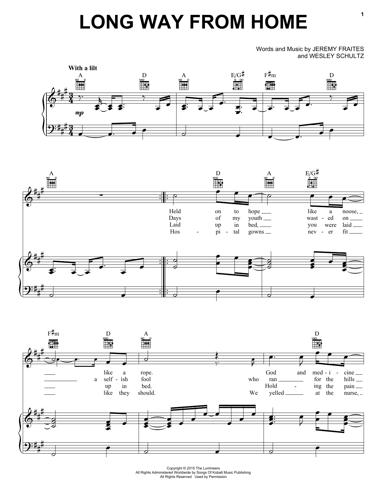 The Lumineers Long Way From Home Sheet Music Notes & Chords for Piano, Vocal & Guitar (Right-Hand Melody) - Download or Print PDF