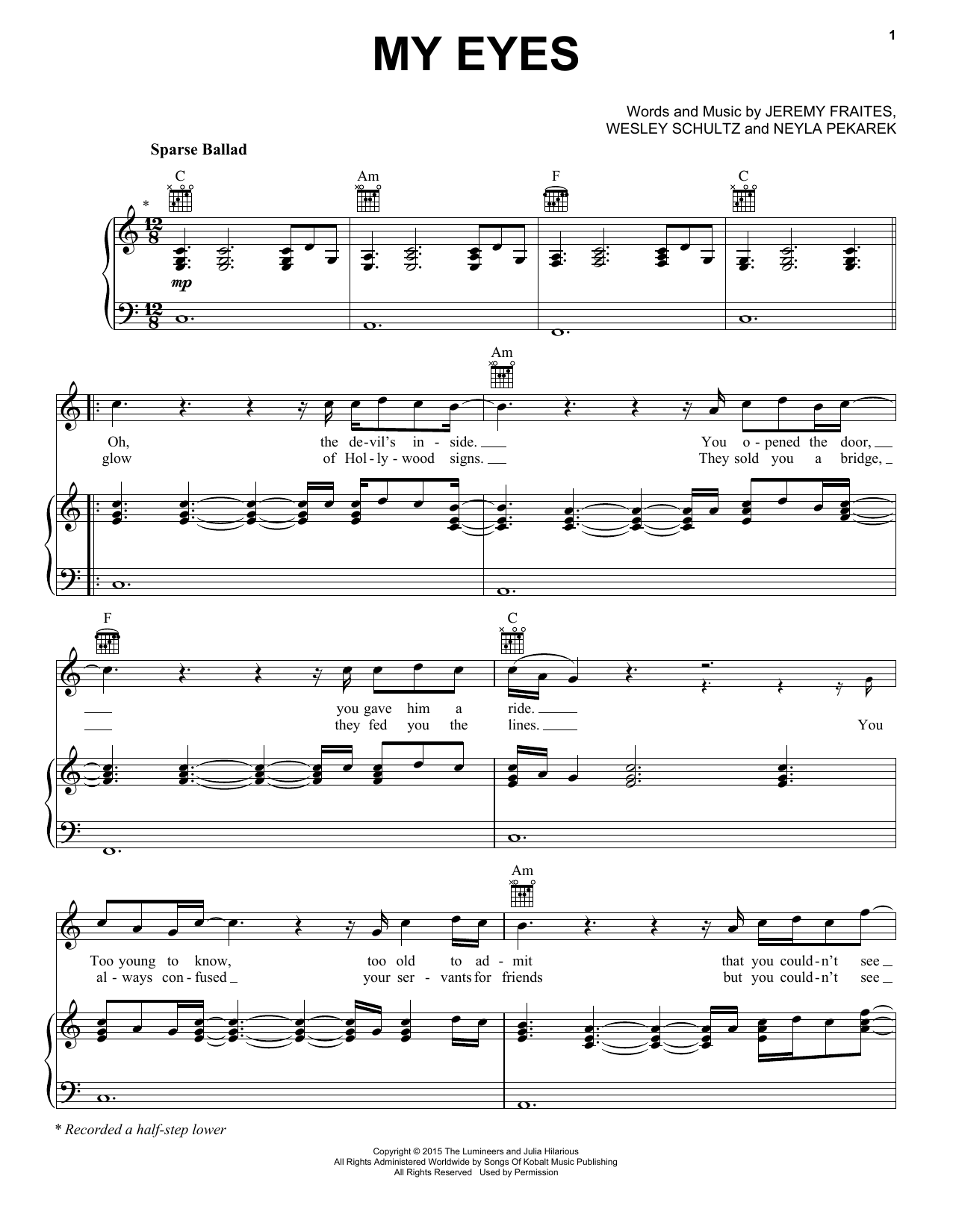 The Lumineers My Eyes Sheet Music Notes & Chords for Piano, Vocal & Guitar (Right-Hand Melody) - Download or Print PDF