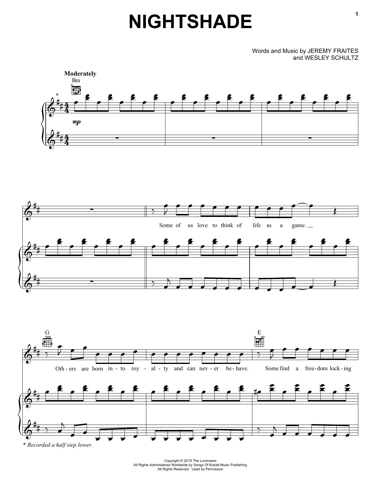 The Lumineers Nightshade (from For the Throne: Music Inspired by Game of Thrones) Sheet Music Notes & Chords for Piano, Vocal & Guitar (Right-Hand Melody) - Download or Print PDF