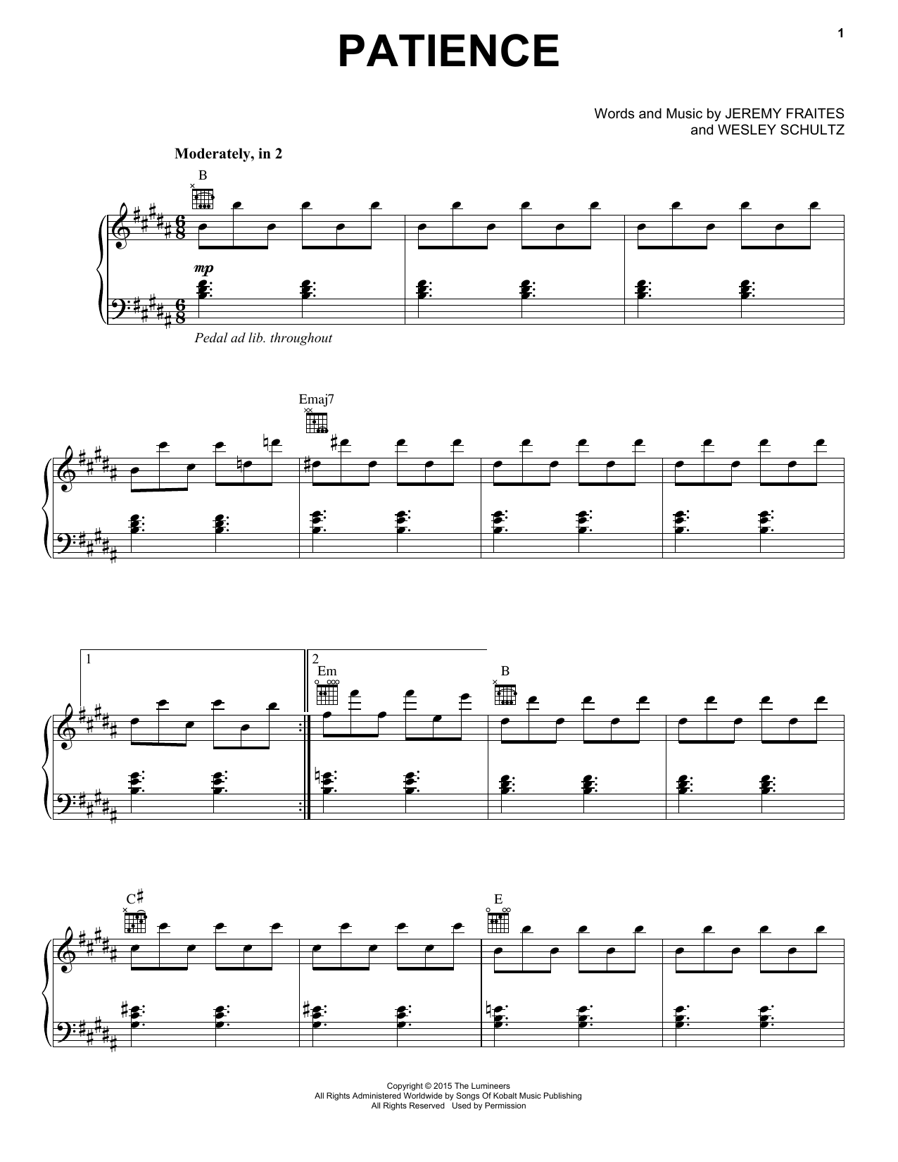 The Lumineers Patience Sheet Music Notes & Chords for Piano, Vocal & Guitar (Right-Hand Melody) - Download or Print PDF