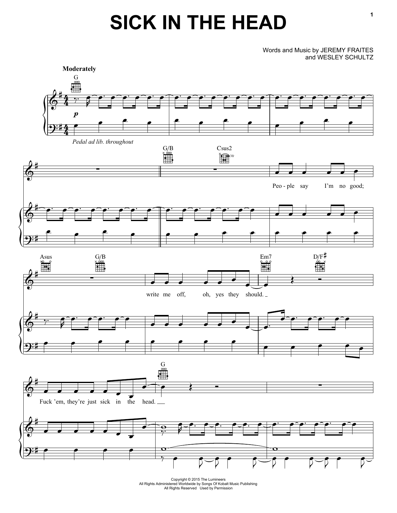 The Lumineers Sick In The Head Sheet Music Notes & Chords for Piano, Vocal & Guitar (Right-Hand Melody) - Download or Print PDF