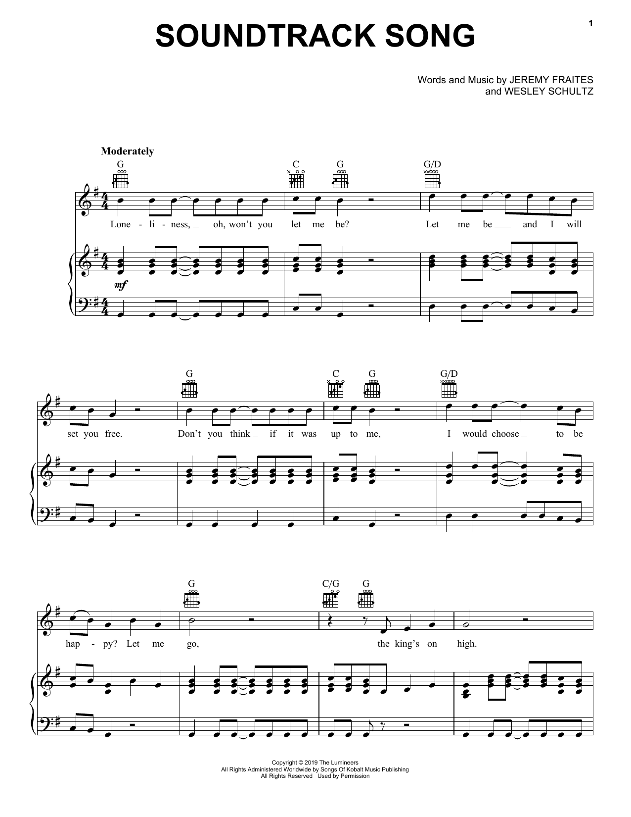 The Lumineers Soundtrack Song Sheet Music Notes & Chords for Piano, Vocal & Guitar (Right-Hand Melody) - Download or Print PDF
