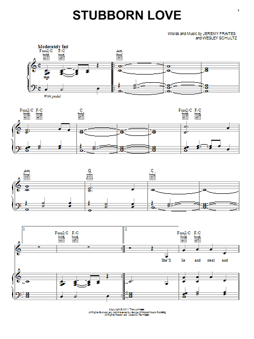 The Lumineers Stubborn Love Sheet Music Notes & Chords for Easy Piano - Download or Print PDF