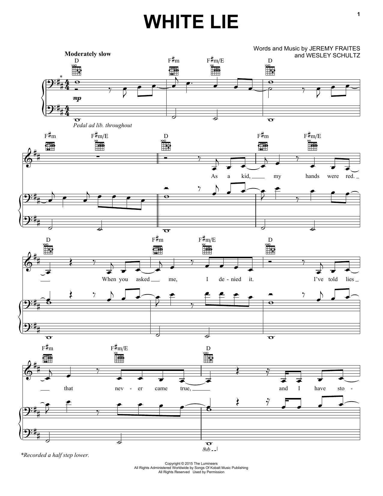 The Lumineers White Lie Sheet Music Notes & Chords for Piano, Vocal & Guitar (Right-Hand Melody) - Download or Print PDF