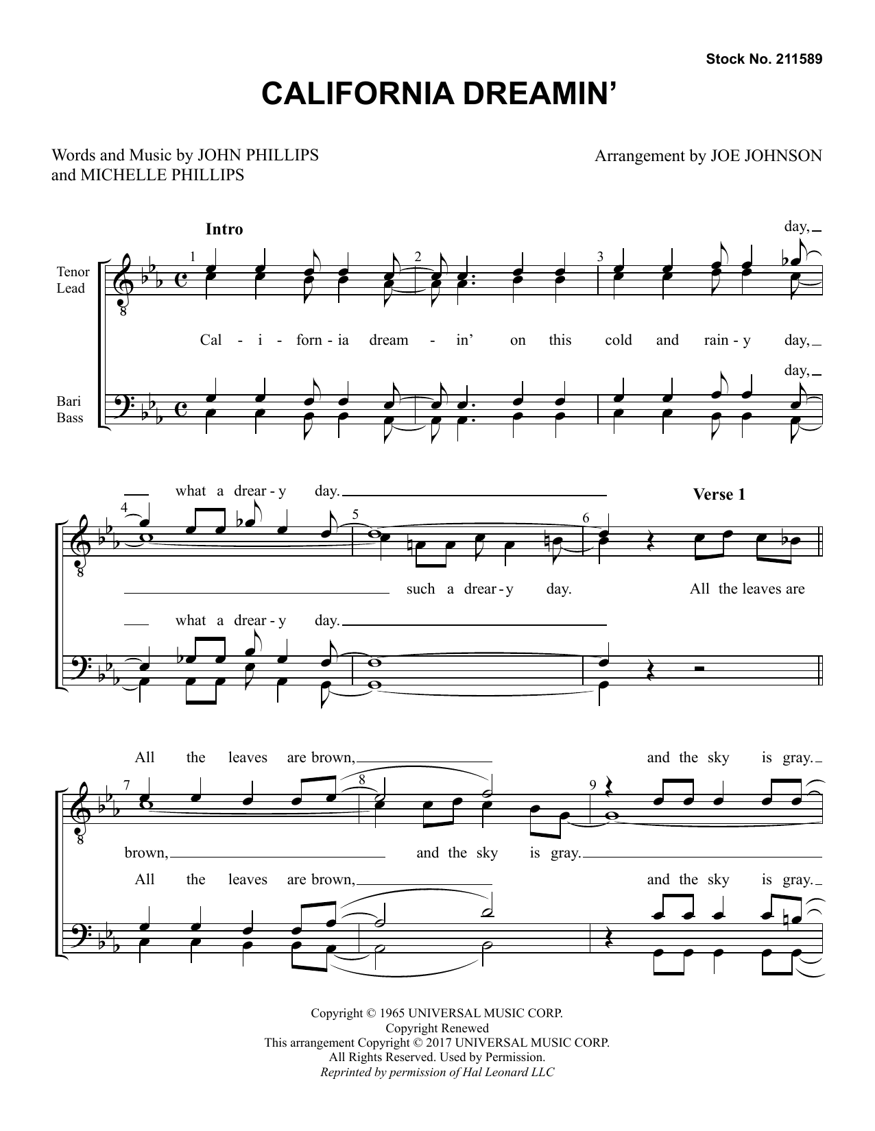 The Mamas & The Papas California Dreamin' (arr. Joe Johnson) Sheet Music Notes & Chords for TTBB Choir - Download or Print PDF
