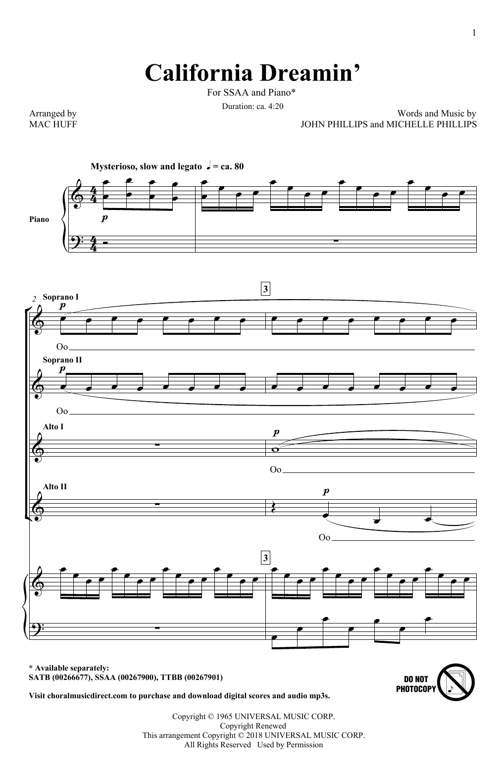 The Mamas & The Papas California Dreamin' (arr. Mac Huff) Sheet Music Notes & Chords for SATB - Download or Print PDF