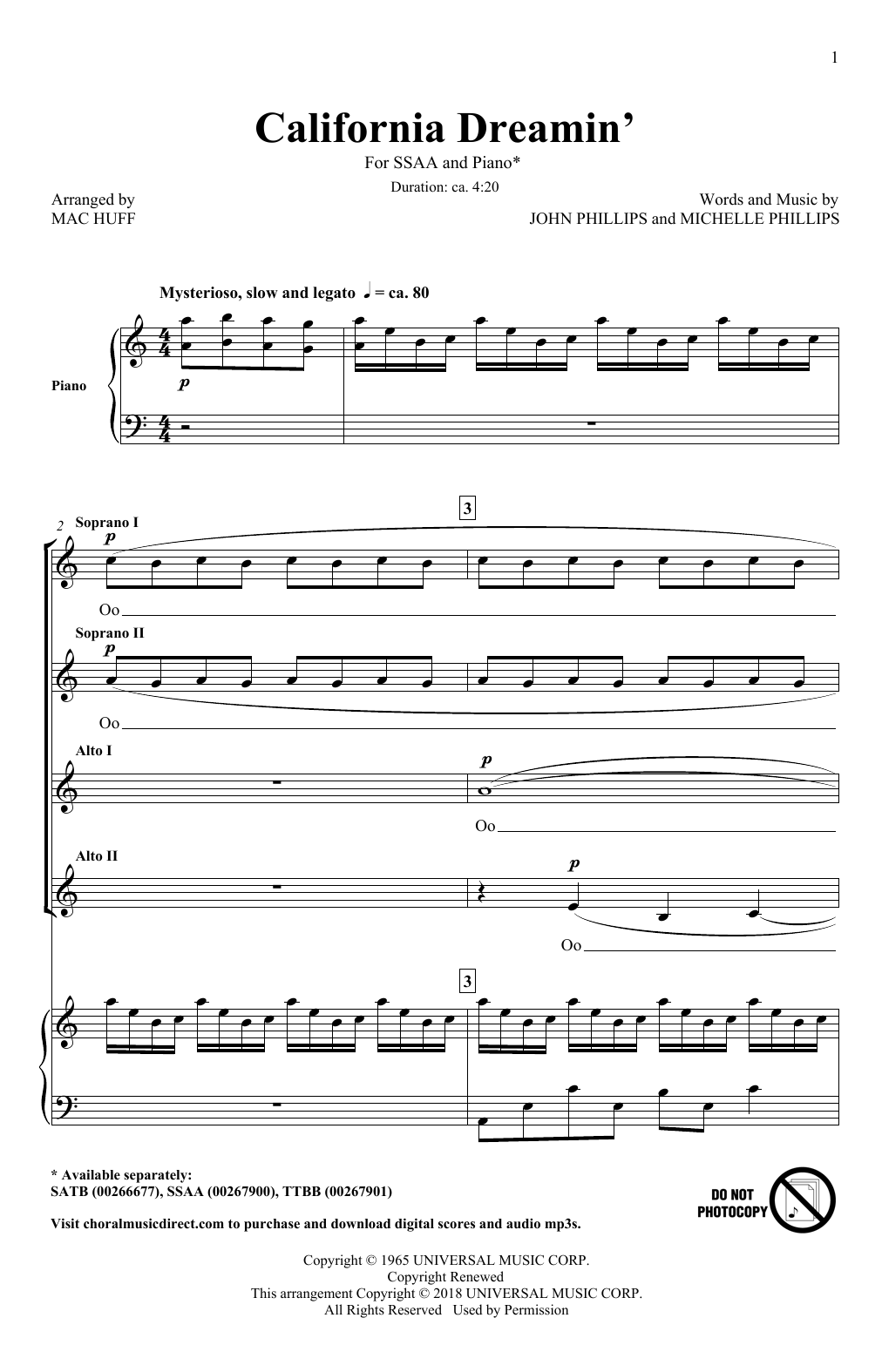 The Mamas & The Papas California Dreamin' (arr. Mac Huff) Sheet Music Notes & Chords for SSA - Download or Print PDF