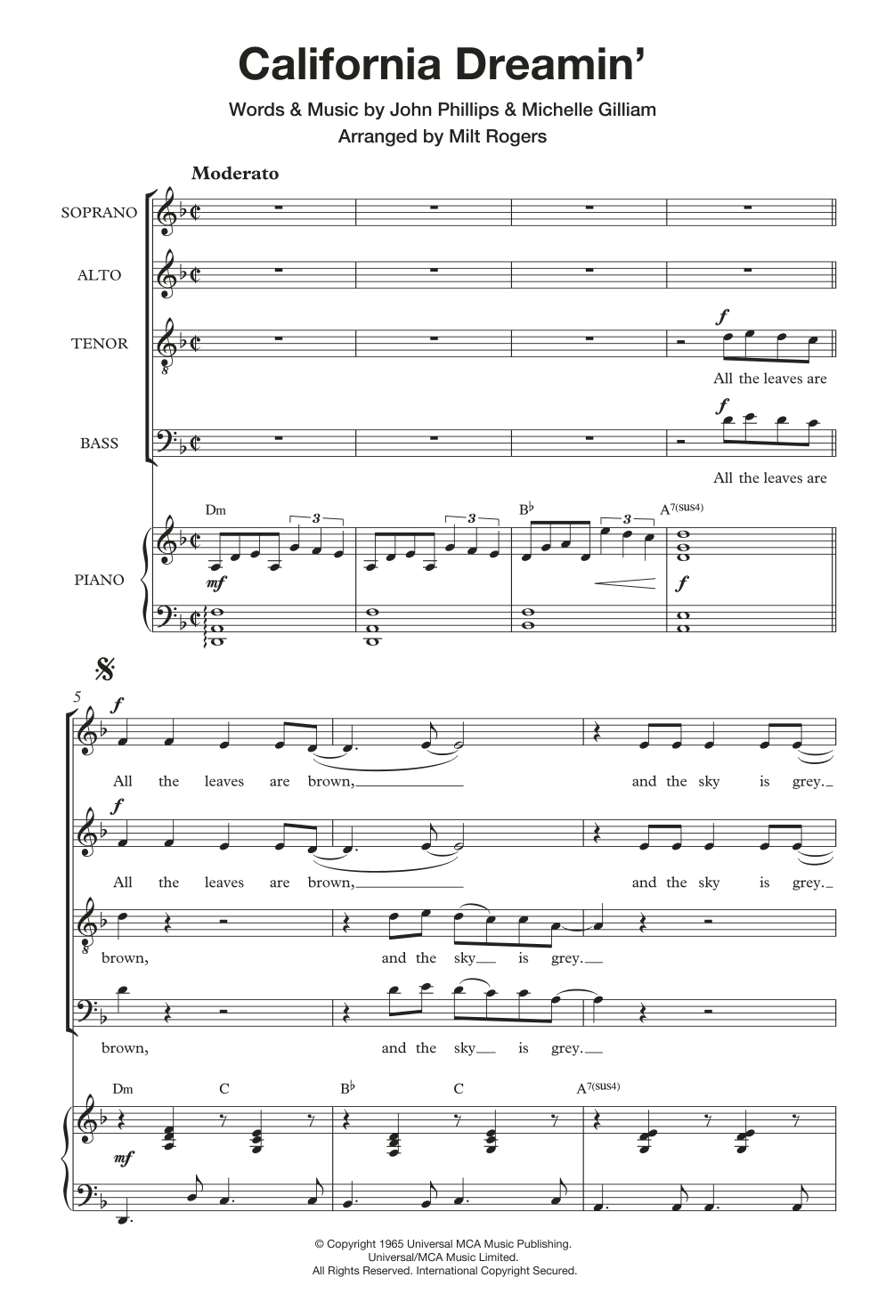 The Mamas & The Papas California Dreamin' (arr. Milt Rogers) Sheet Music Notes & Chords for SATB - Download or Print PDF
