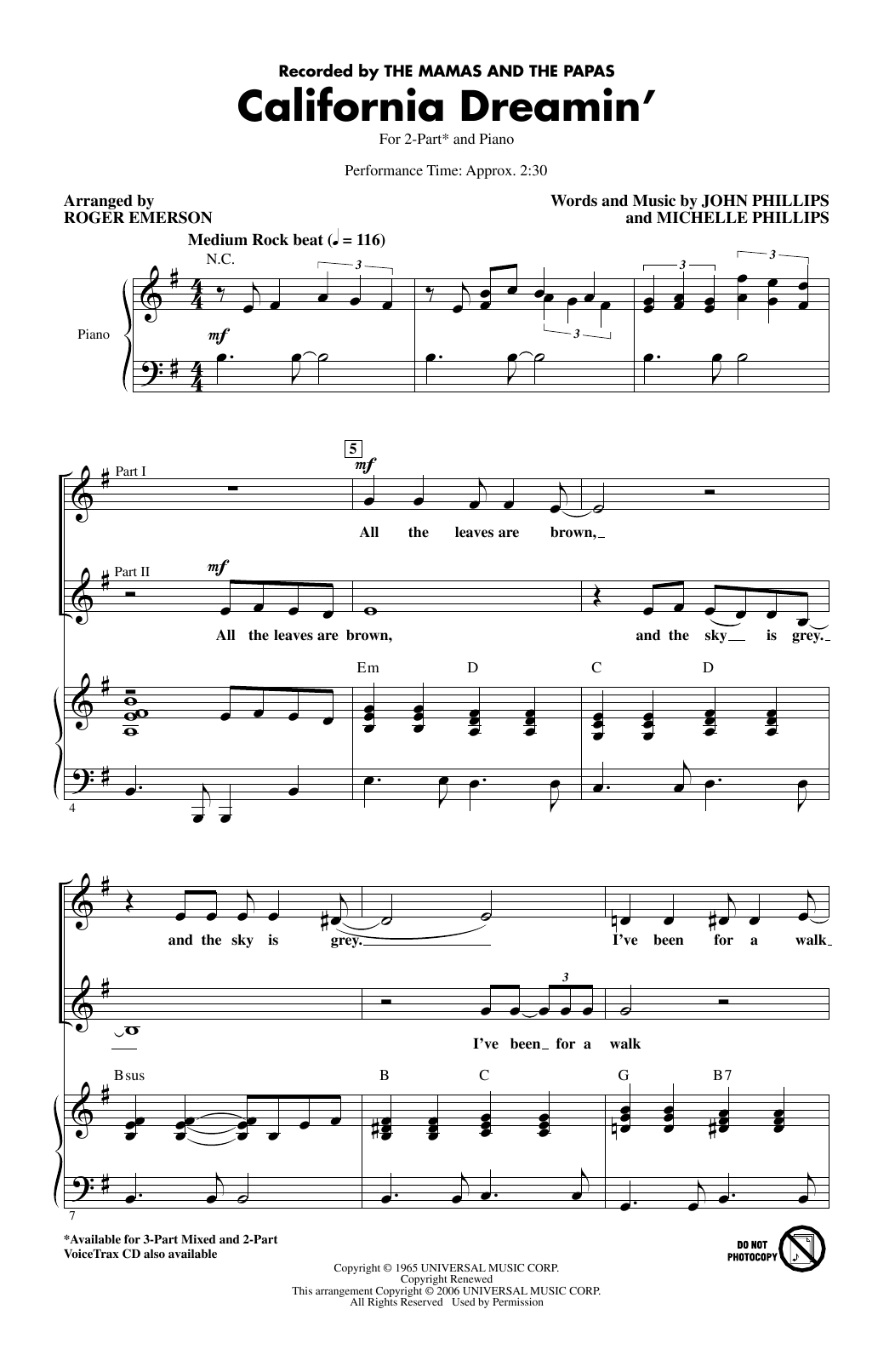 The Mamas & The Papas California Dreamin' (arr. Roger Emerson) Sheet Music Notes & Chords for 2-Part Choir - Download or Print PDF