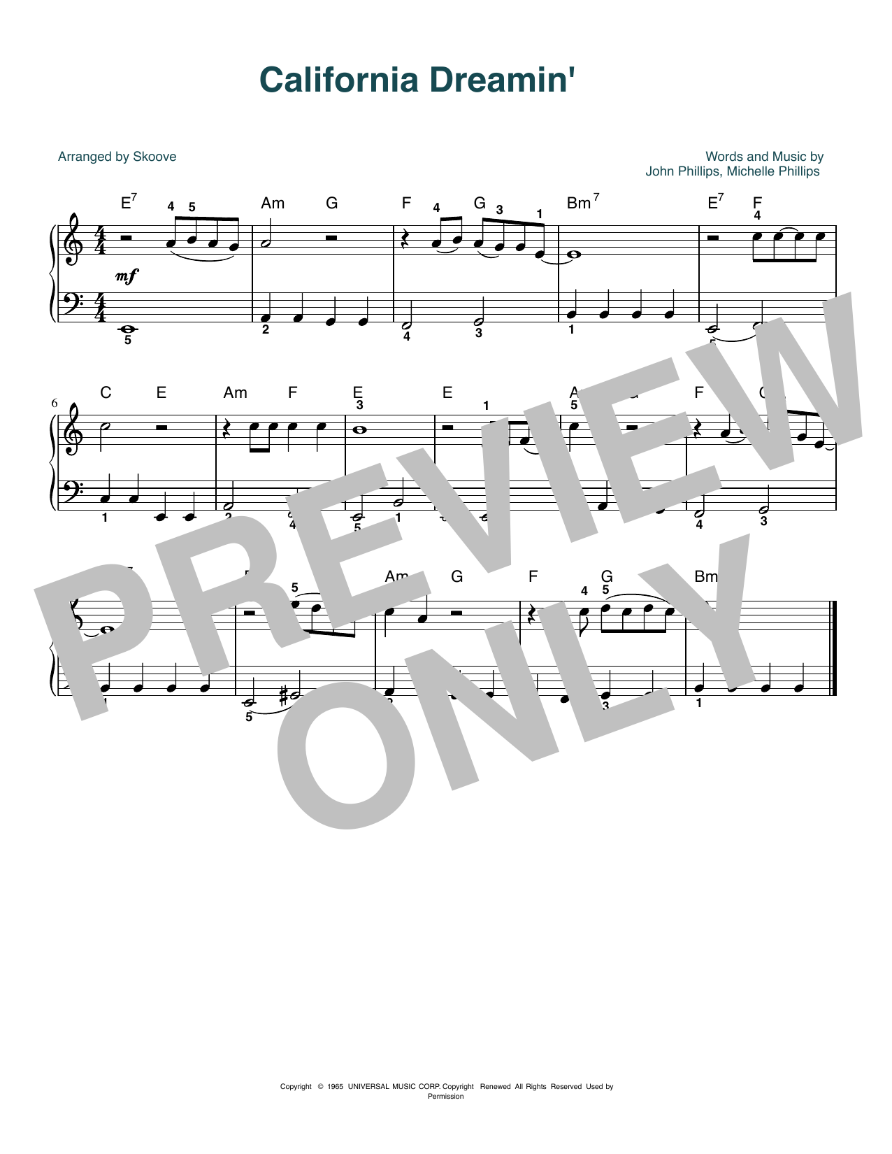 The Mamas & The Papas California Dreamin' (arr. Skoove) Sheet Music Notes & Chords for Beginner Piano (Abridged) - Download or Print PDF