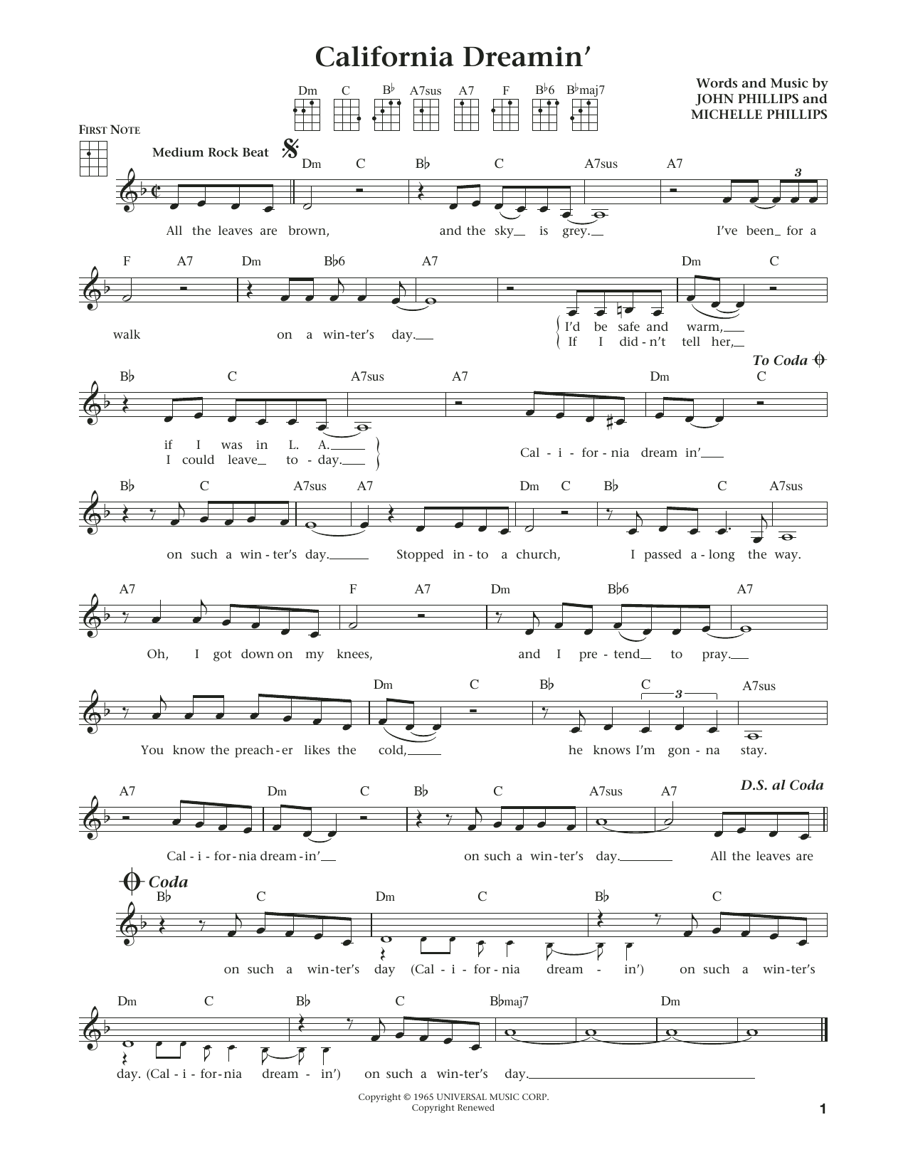 The Mamas & The Papas California Dreamin' (from The Daily Ukulele) (arr. Liz and Jim Beloff) Sheet Music Notes & Chords for Ukulele - Download or Print PDF