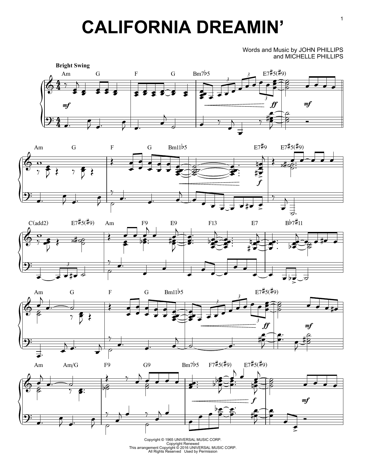 The Mamas & The Papas California Dreamin' [Jazz version] (arr. Brent Edstrom) Sheet Music Notes & Chords for Piano - Download or Print PDF