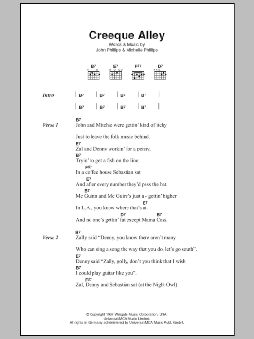 The Mamas & The Papas Creeque Alley Sheet Music Notes & Chords for Piano, Vocal & Guitar (Right-Hand Melody) - Download or Print PDF