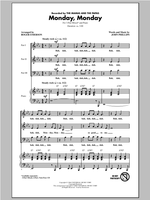 The Mamas & The Papas Monday, Monday (arr. Roger Emerson) Sheet Music Notes & Chords for 3-Part Mixed - Download or Print PDF