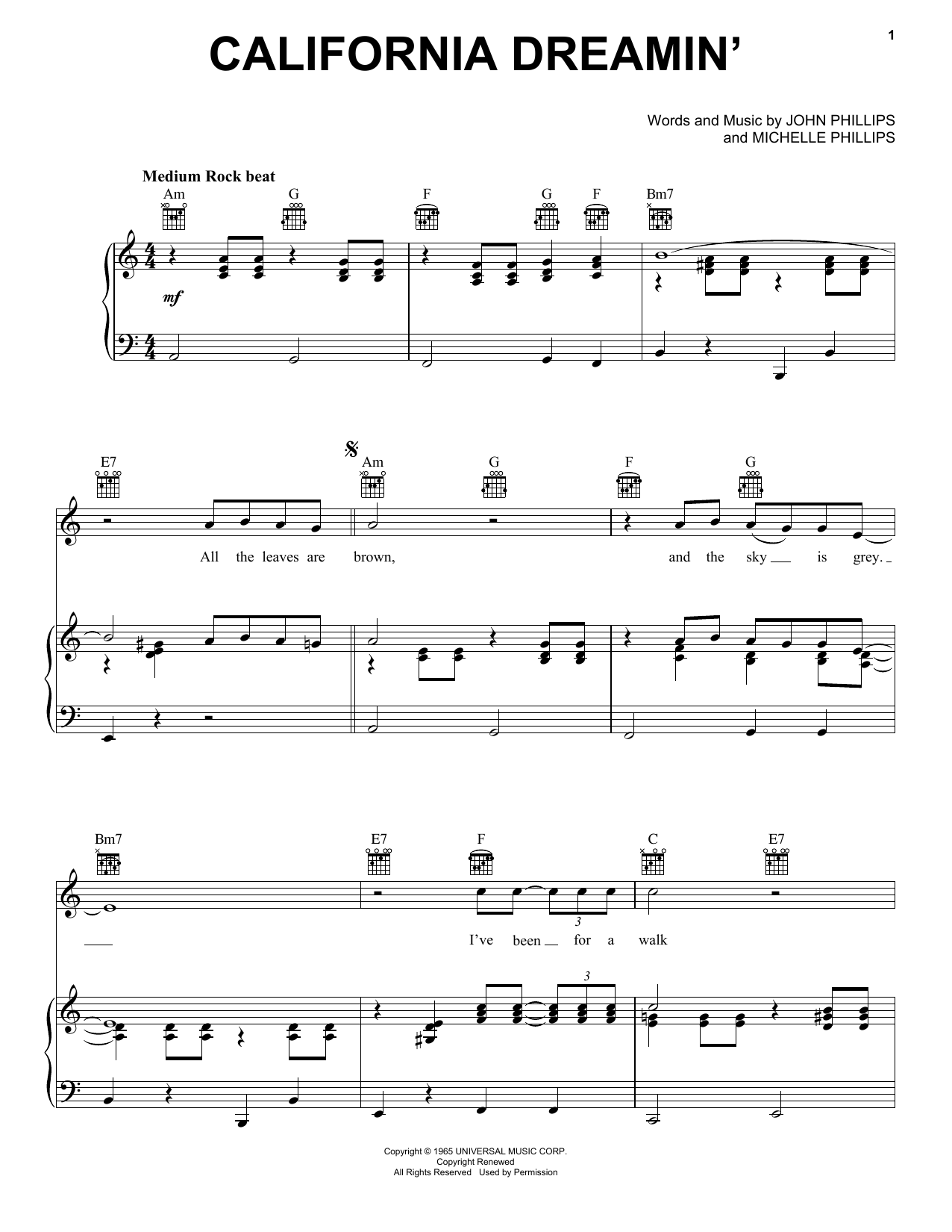 The Mamas & The Papas California Dreamin' Sheet Music Notes & Chords for Piano, Vocal & Guitar (Right-Hand Melody) - Download or Print PDF