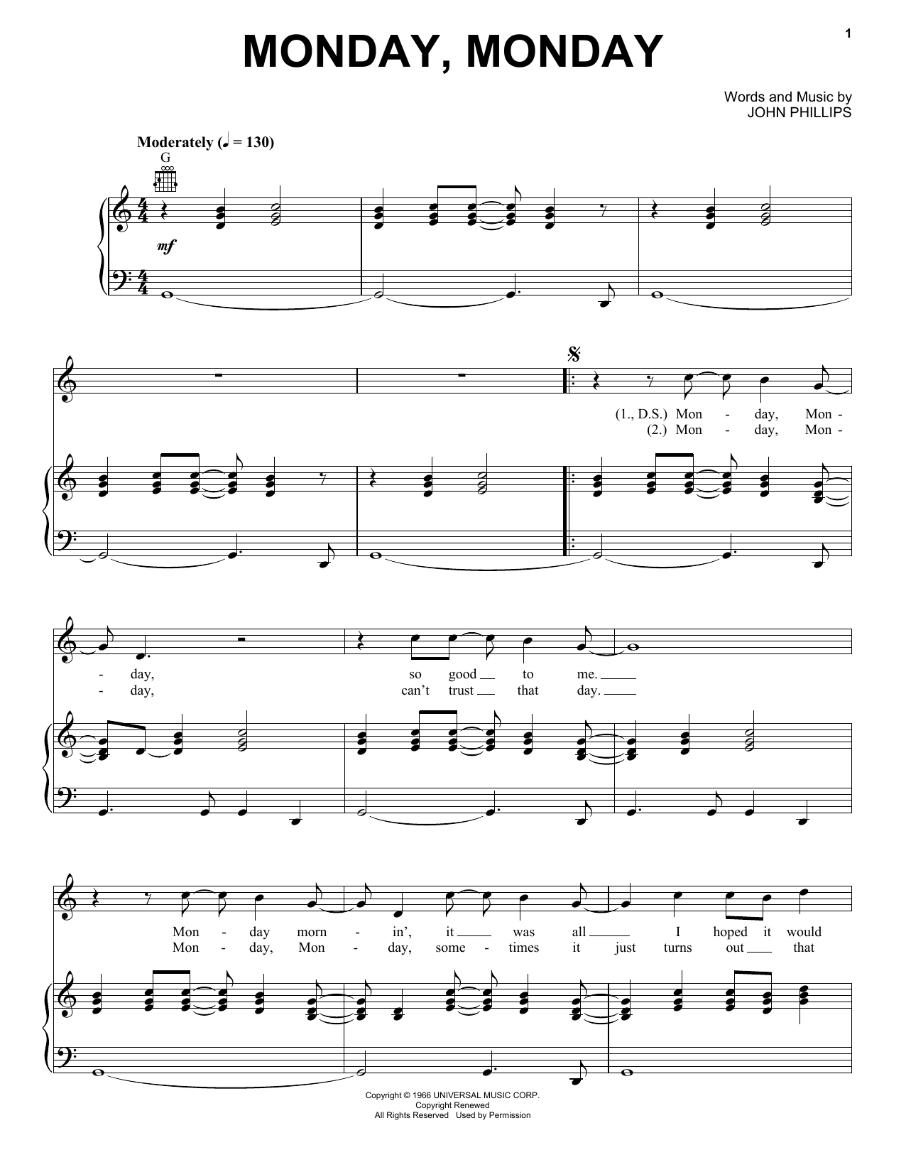 The Mamas & The Papas Monday, Monday Sheet Music Notes & Chords for Piano, Vocal & Guitar (Right-Hand Melody) - Download or Print PDF