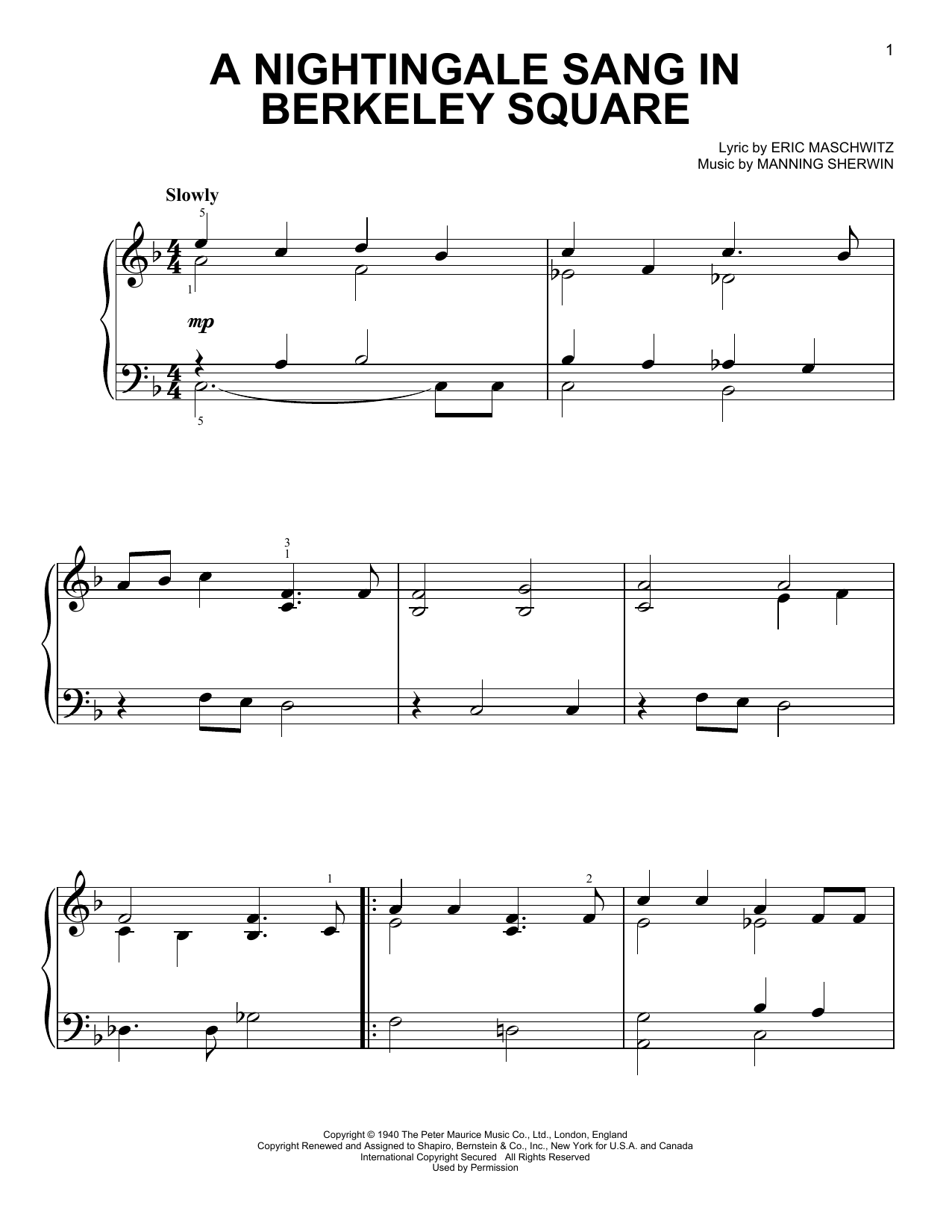 The Manhattan Transfer A Nightingale Sang In Berkeley Square Sheet Music Notes & Chords for Easy Piano - Download or Print PDF