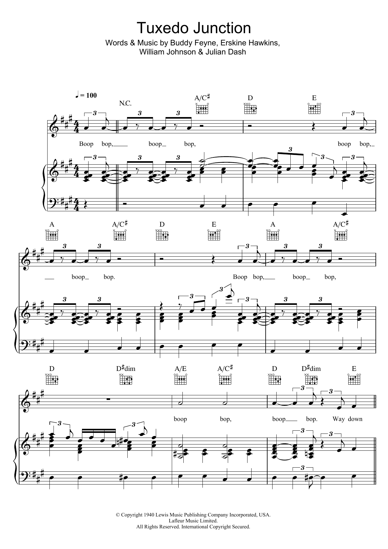 The Manhattan Transfer Tuxedo Junction Sheet Music Notes & Chords for Piano, Vocal & Guitar (Right-Hand Melody) - Download or Print PDF