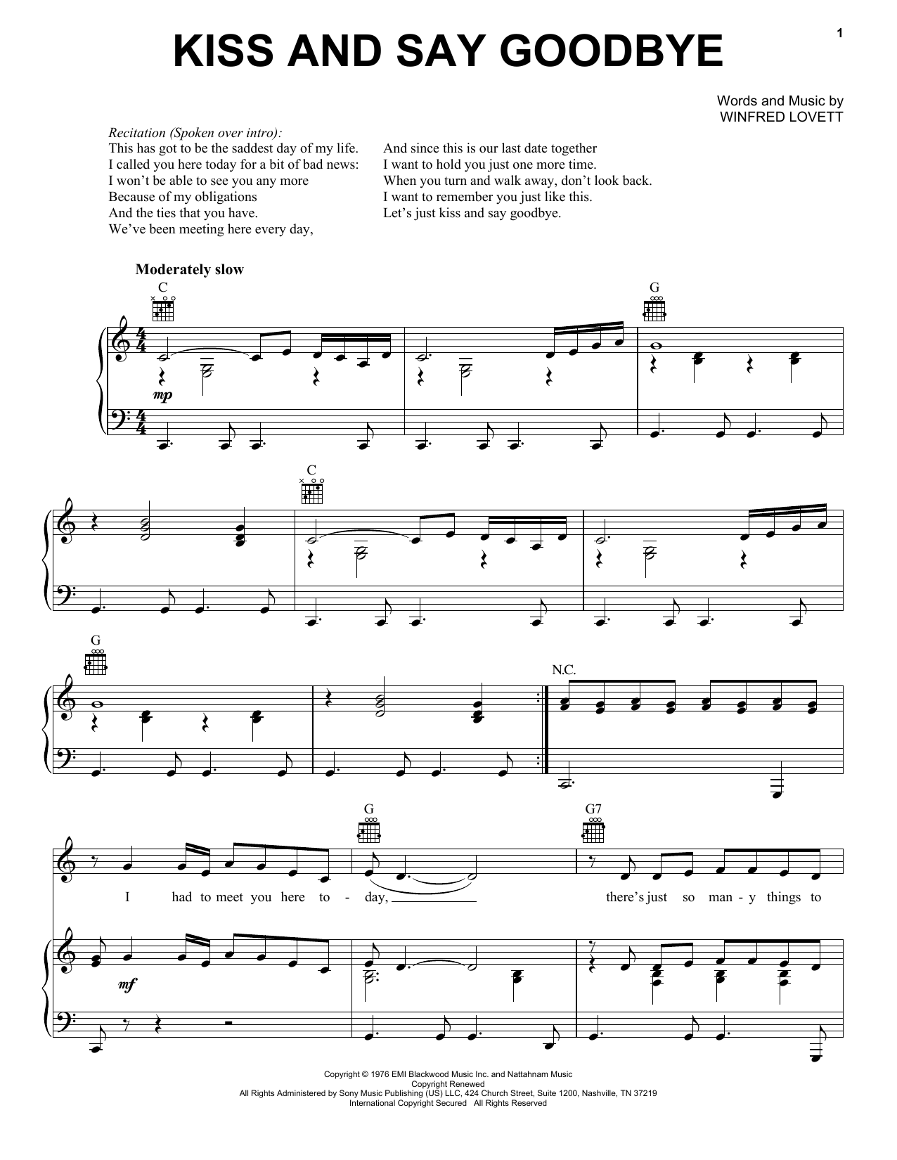 The Manhattans Kiss And Say Goodbye Sheet Music Notes & Chords for Melody Line, Lyrics & Chords - Download or Print PDF