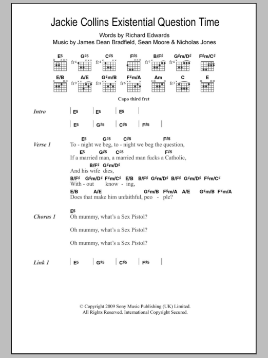 Manic Street Preachers Jackie Collins Existential Question Time Sheet Music Notes & Chords for Lyrics & Chords - Download or Print PDF