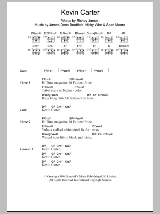 Manic Street Preachers Kevin Carter Sheet Music Notes & Chords for Lyrics & Chords - Download or Print PDF