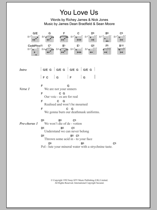 Manic Street Preachers You Love Us Sheet Music Notes & Chords for Lyrics & Chords - Download or Print PDF