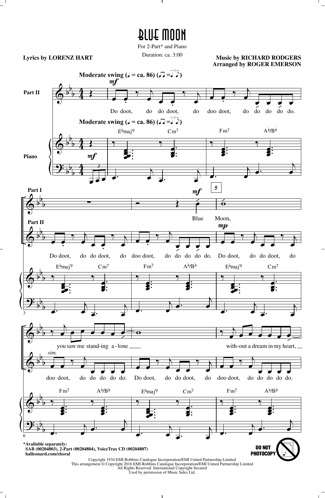 Roger Emerson Blue Moon Sheet Music Notes & Chords for 2-Part Choir - Download or Print PDF