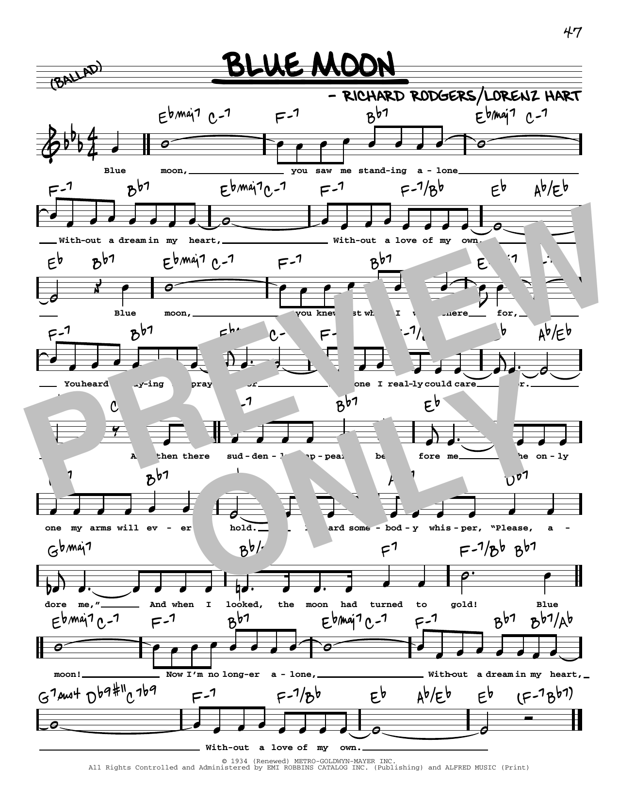 The Marcels Blue Moon (High Voice) Sheet Music Notes & Chords for Real Book – Melody, Lyrics & Chords - Download or Print PDF