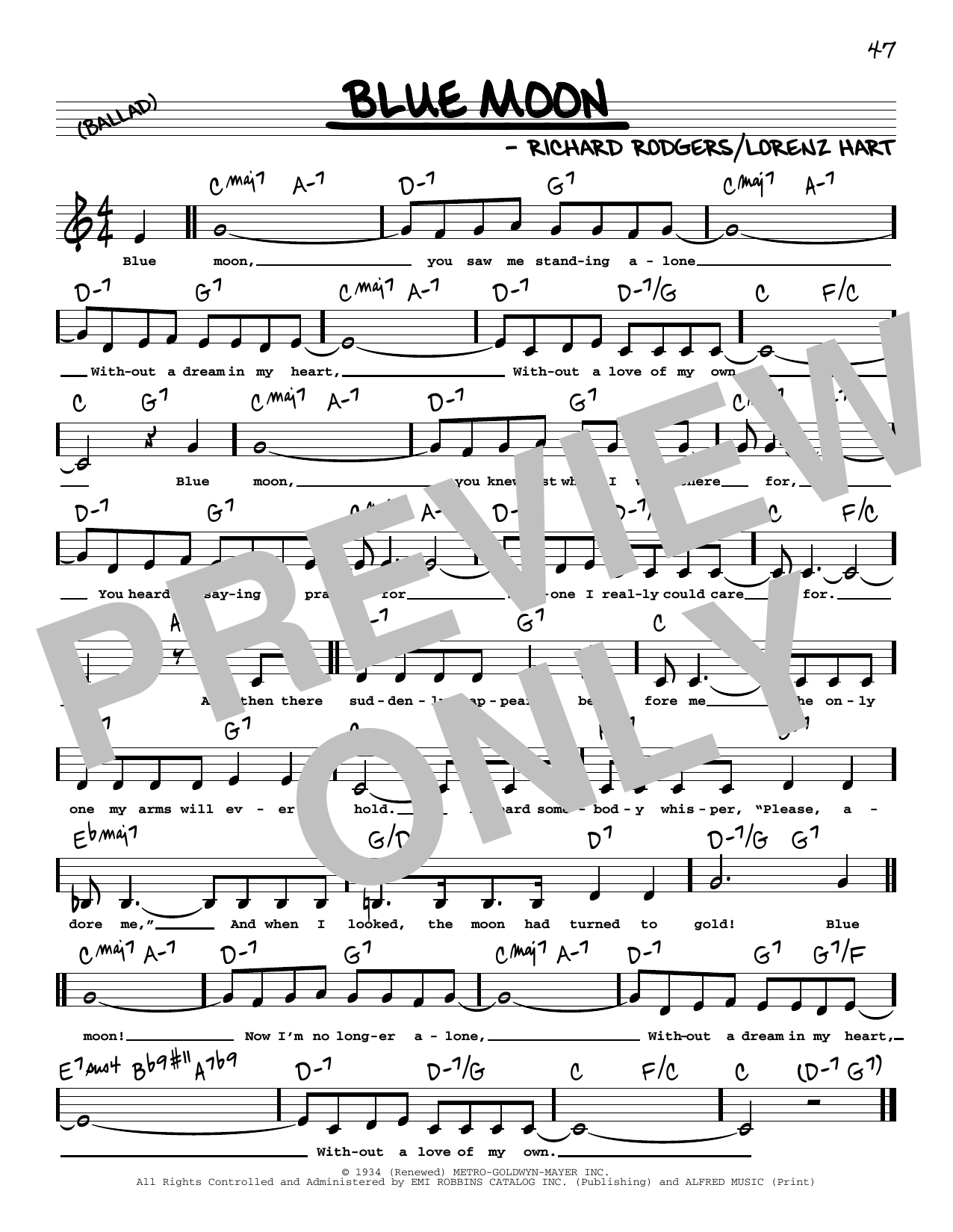 The Marcels Blue Moon (Low Voice) Sheet Music Notes & Chords for Real Book – Melody, Lyrics & Chords - Download or Print PDF
