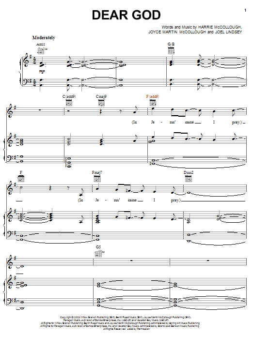 The Martins Dear God Sheet Music Notes & Chords for Piano, Vocal & Guitar (Right-Hand Melody) - Download or Print PDF