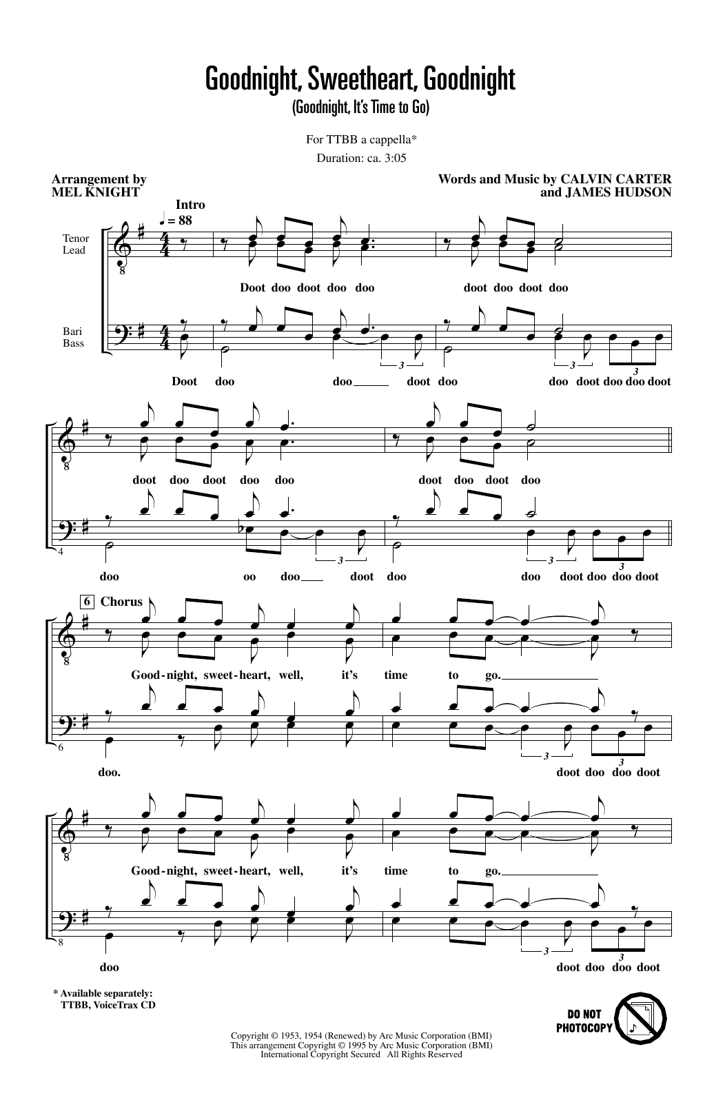 The McGuire Sisters Goodnight, Sweetheart, Goodnight (Goodnight, It's Time to Go) (arr. Mel Knight) Sheet Music Notes & Chords for TTBB Choir - Download or Print PDF