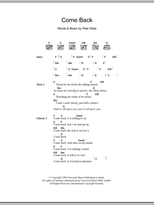 The Mighty Wah! Come Back Sheet Music Notes & Chords for Lyrics & Chords - Download or Print PDF