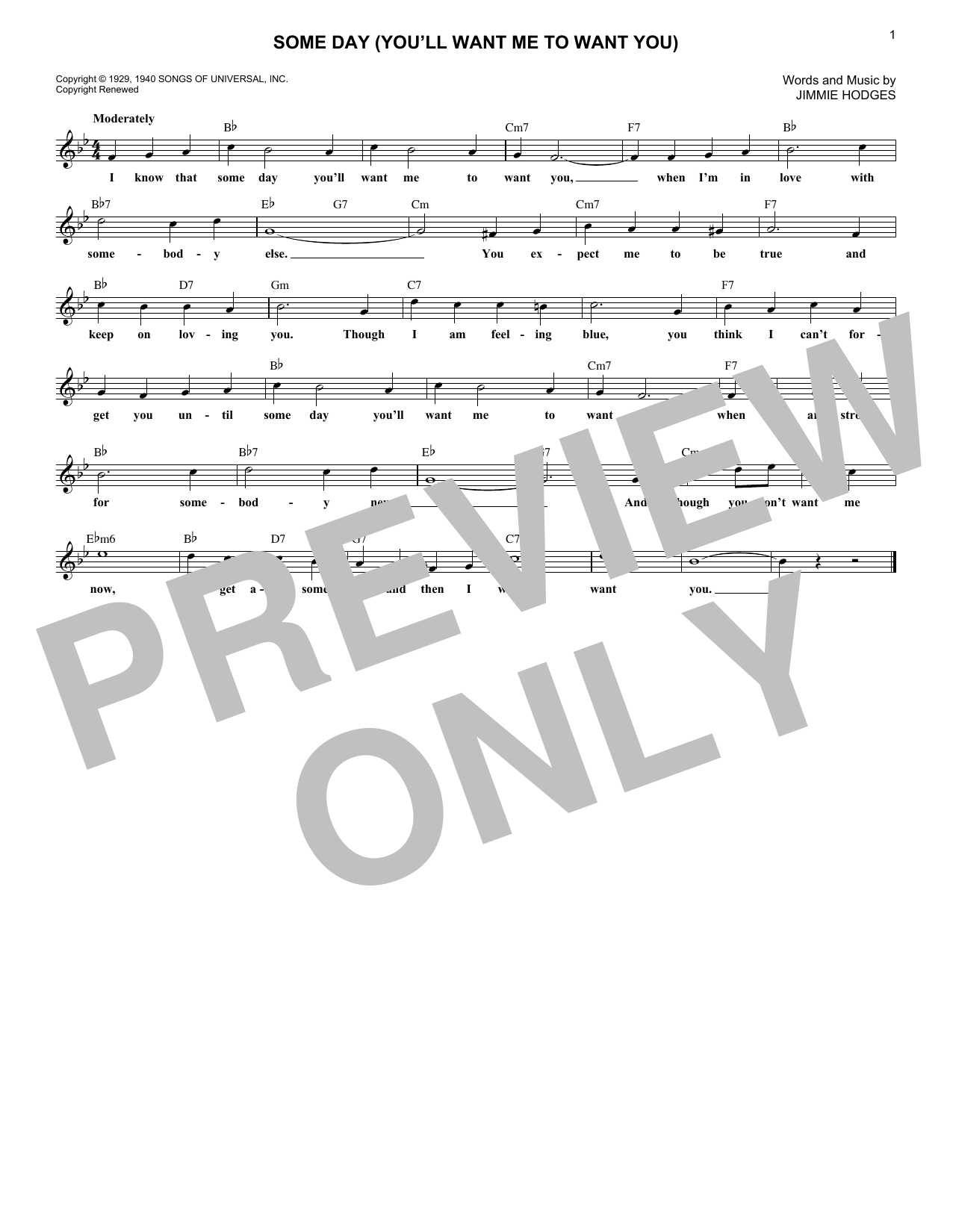 The Mills Brothers Some Day (You'll Want Me To Want You) Sheet Music Notes & Chords for Melody Line, Lyrics & Chords - Download or Print PDF