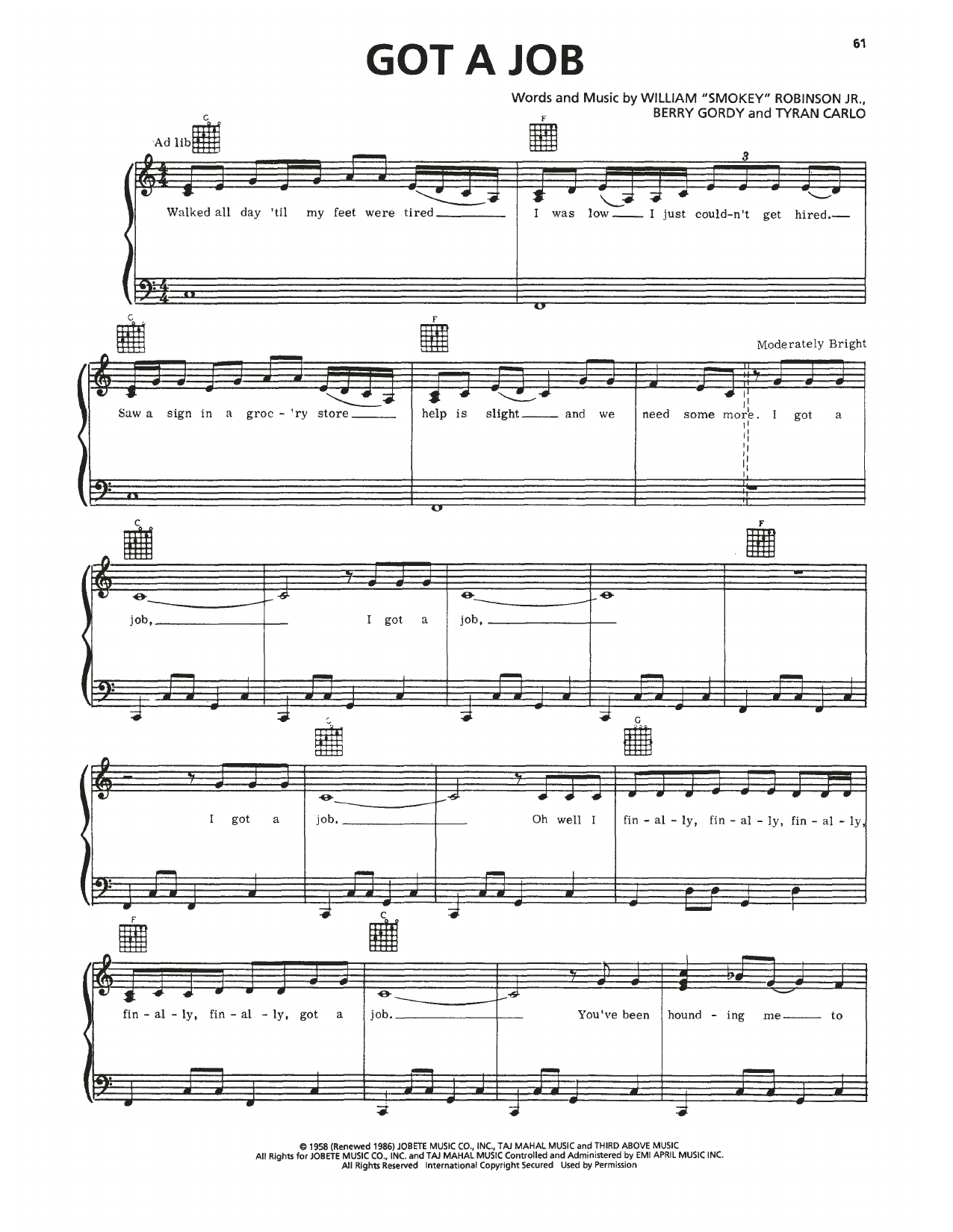 The Miracles Got A Job Sheet Music Notes & Chords for Piano, Vocal & Guitar Chords (Right-Hand Melody) - Download or Print PDF