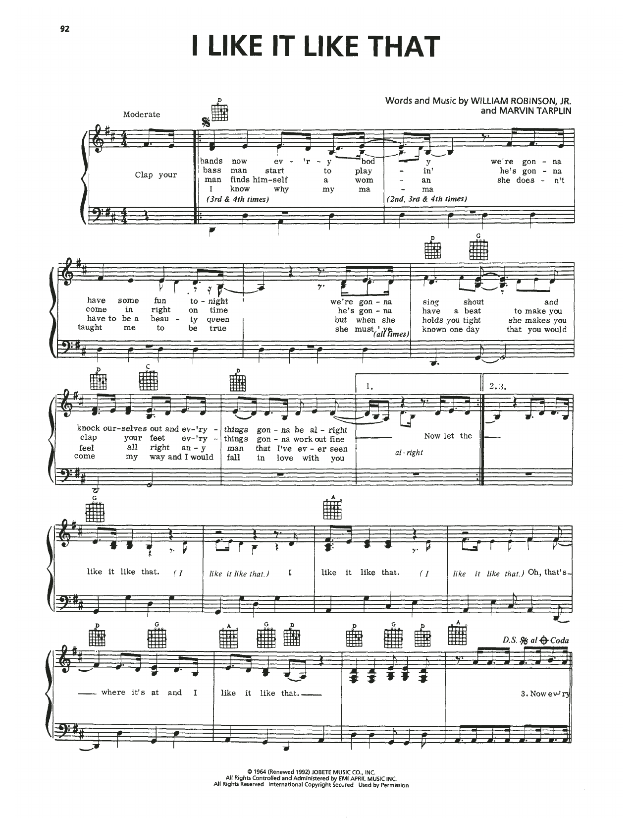 The Miracles I Like It Like That Sheet Music Notes & Chords for Piano, Vocal & Guitar Chords (Right-Hand Melody) - Download or Print PDF