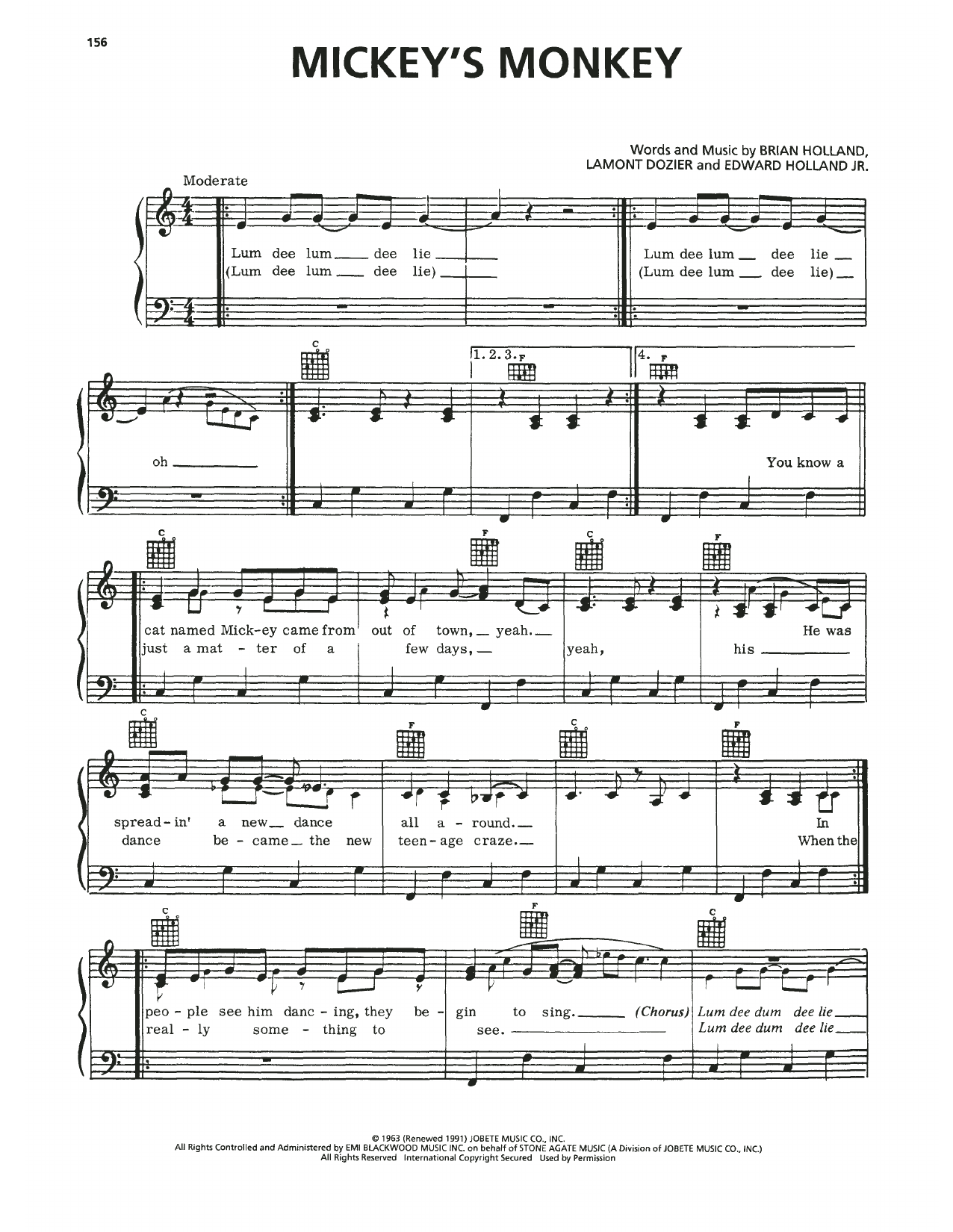 The Miracles Mickey's Monkey Sheet Music Notes & Chords for Piano, Vocal & Guitar Chords (Right-Hand Melody) - Download or Print PDF