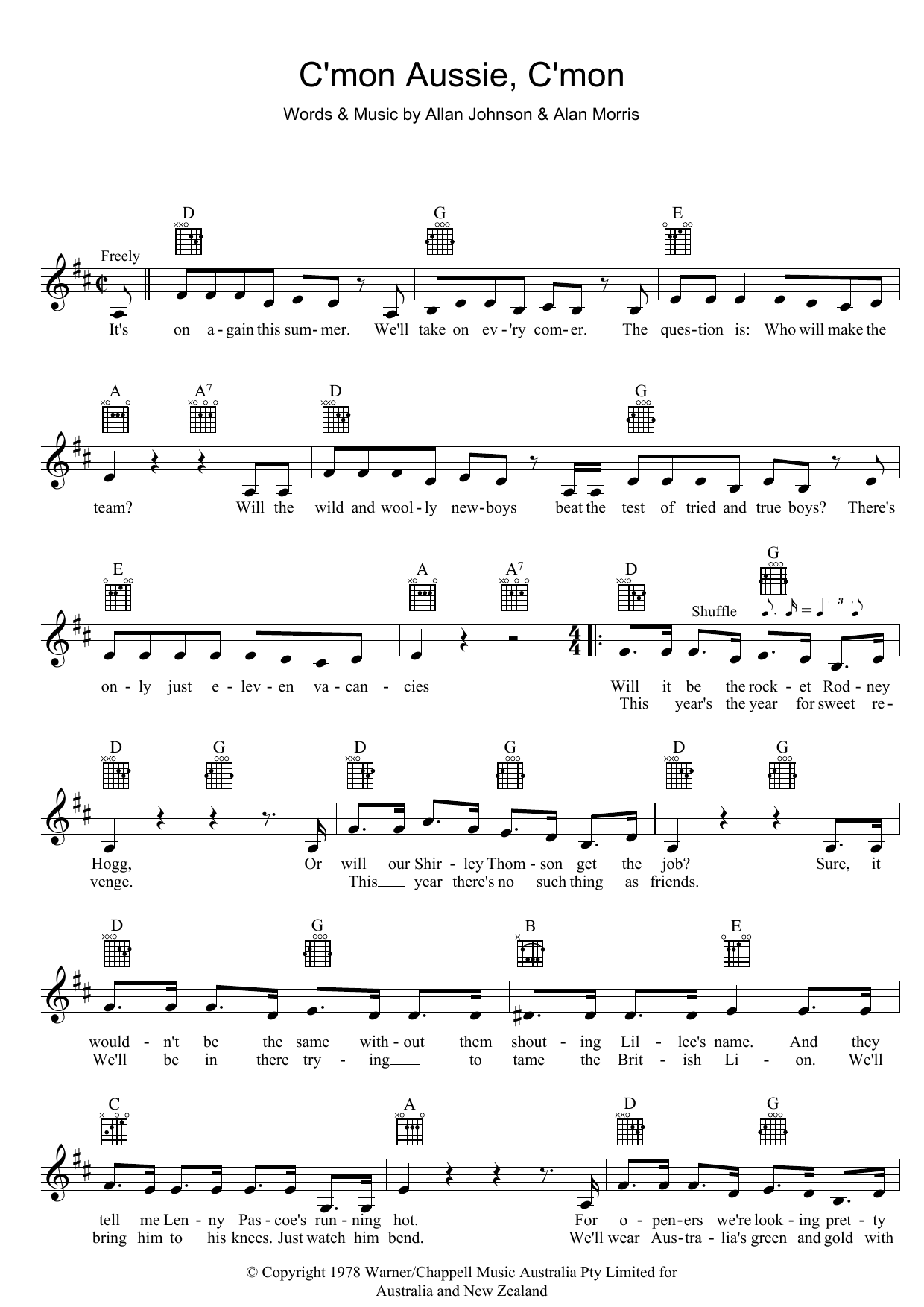 The Mojo Singers C'mon Aussie, C'mon Sheet Music Notes & Chords for Melody Line, Lyrics & Chords - Download or Print PDF