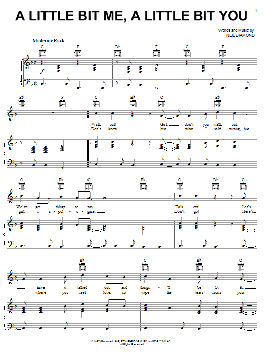 Neil Diamond A Little Bit Me, A Little Bit You Sheet Music Notes & Chords for Lyrics & Chords - Download or Print PDF