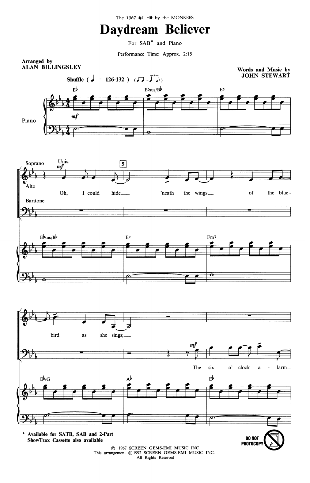 The Monkees Daydream Believer (arr. Alan Billingsley) Sheet Music Notes & Chords for 2-Part Choir - Download or Print PDF
