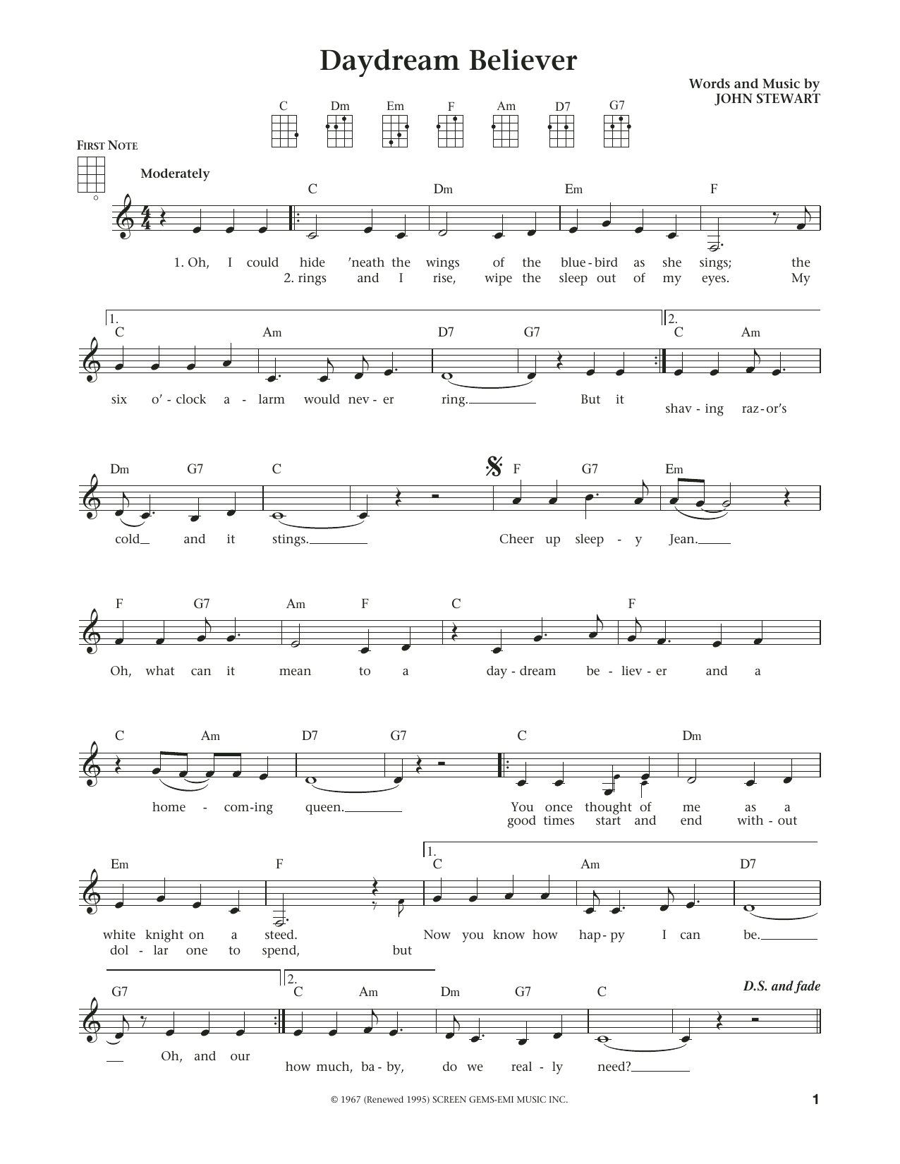 The Monkees Daydream Believer (from The Daily Ukulele) (arr. Liz and Jim Beloff) Sheet Music Notes & Chords for Ukulele - Download or Print PDF